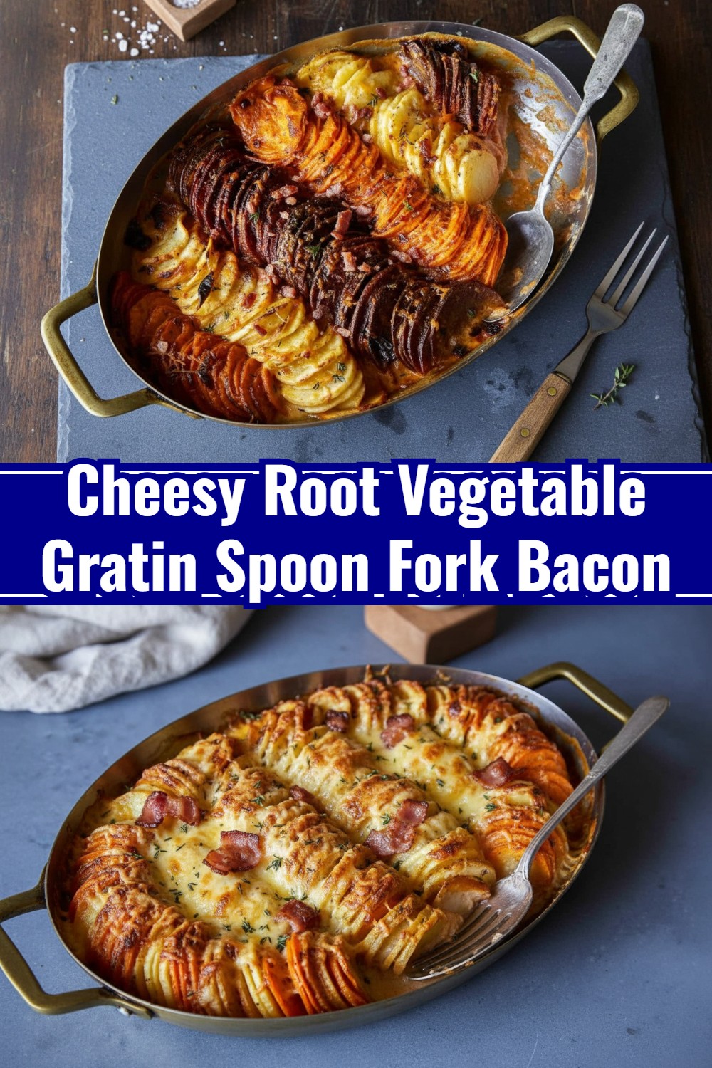 Cheesy Root Vegetable Gratin Spoon Fork Bacon
