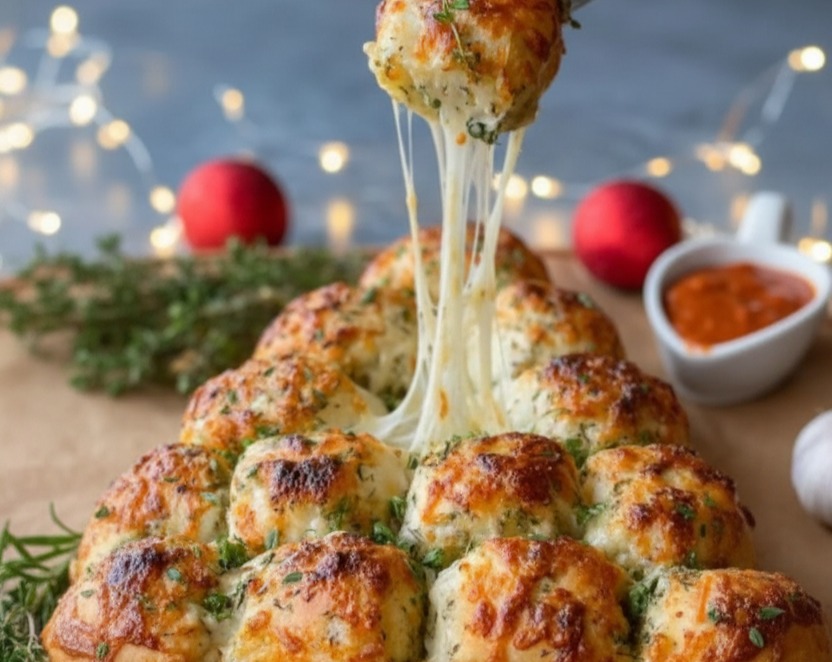 Homemade Cheesy Garlic Knot Christmas Tree Bread Appetizer serving