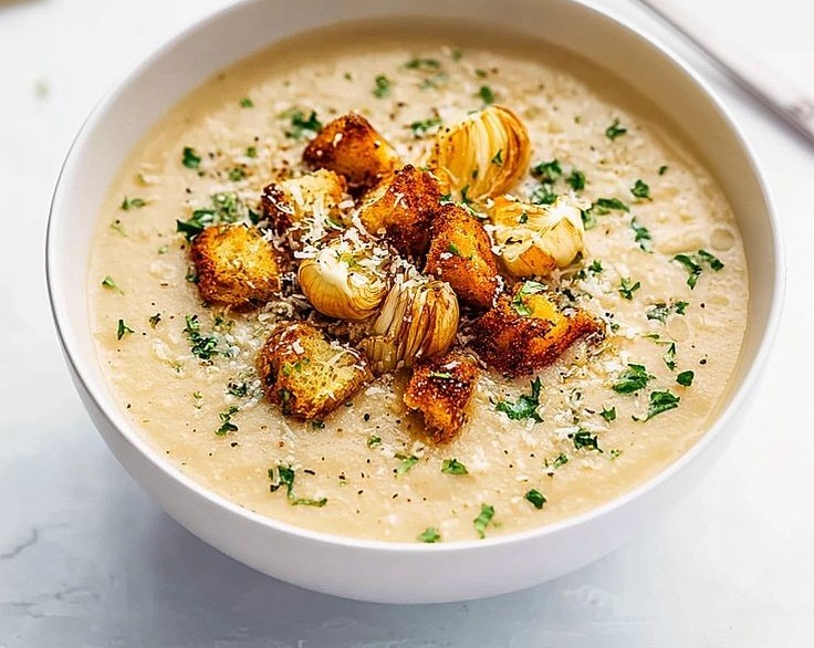 How To Make Easy Homemade Creamy Roasted Garlic Soup serving