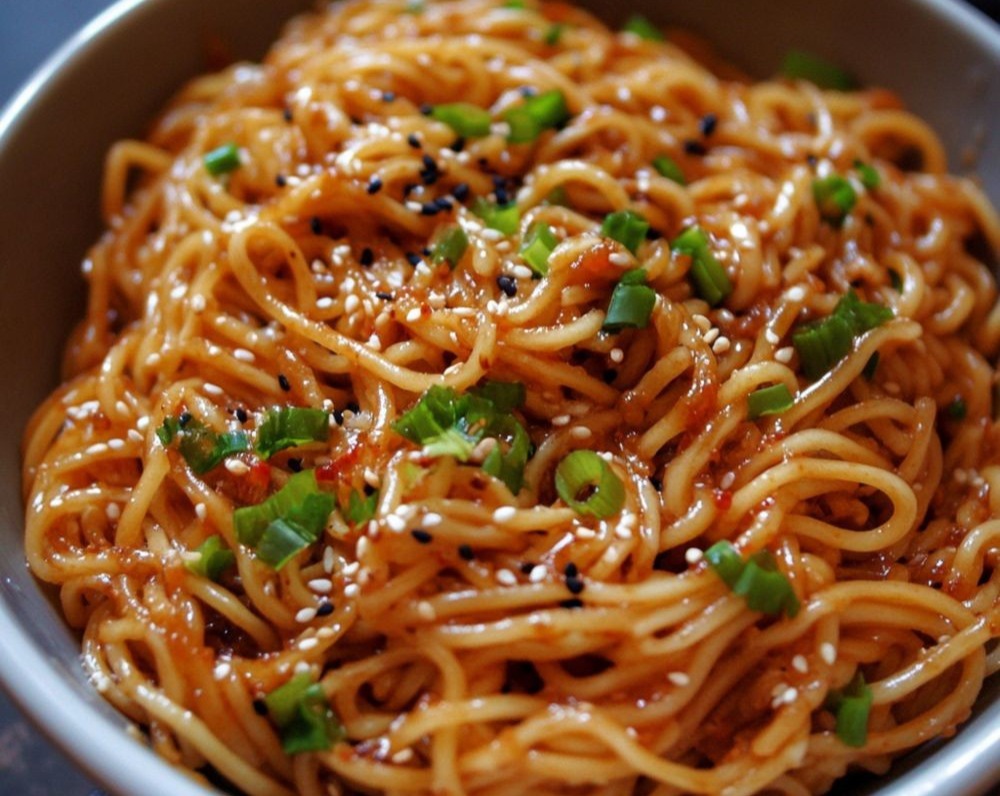 Easy Homemade Cheesy Spicy Vegan Saucy Ramen Noodles serving