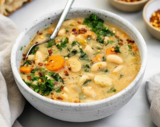 Homemade Vegetarian Tuscan White Bean Soup with Herbs serving