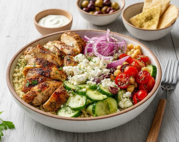 Wholesome Mediterranean Chicken Bowl: Healthy Homemade Savory Dinner Recipe serving