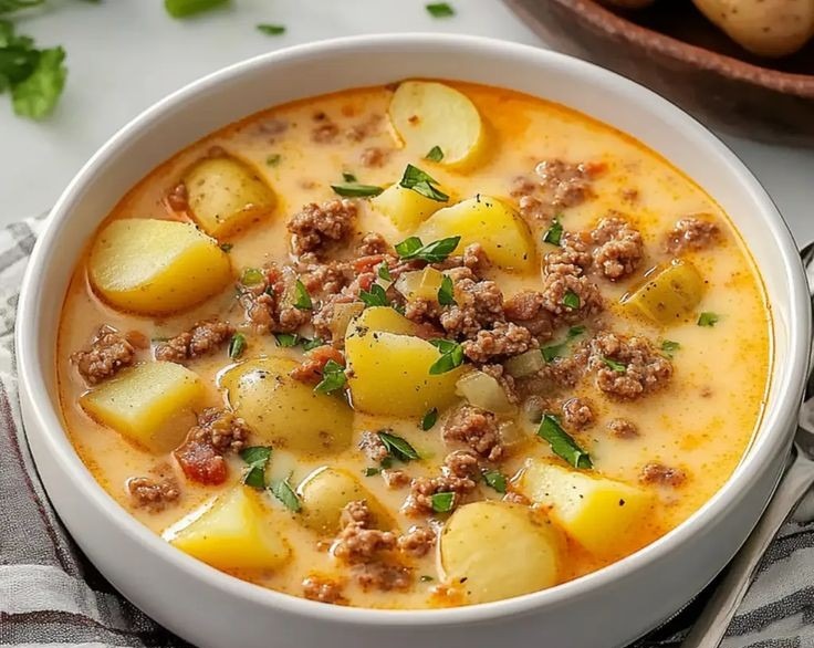 Delicious Cheeseburger Soup Grandmas Creamy Potato Ground Beef Chowder overview