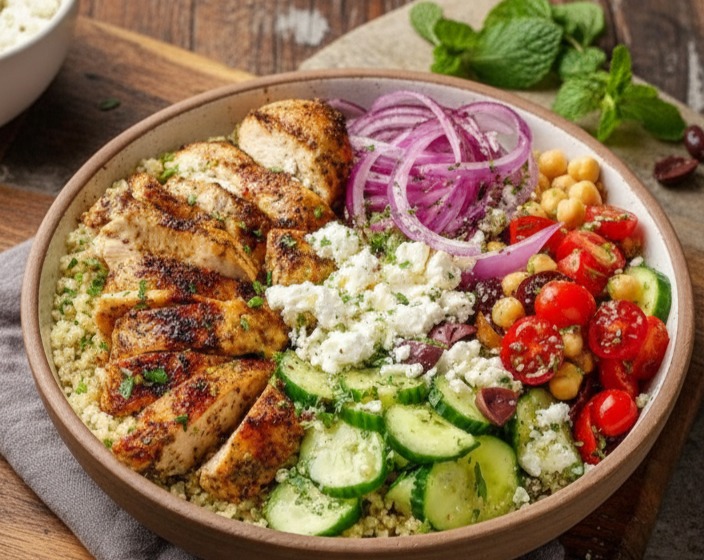 Homemade Mediterranean Chicken Bowl: Healthy, Savory, Protein-Packed Dinner serving