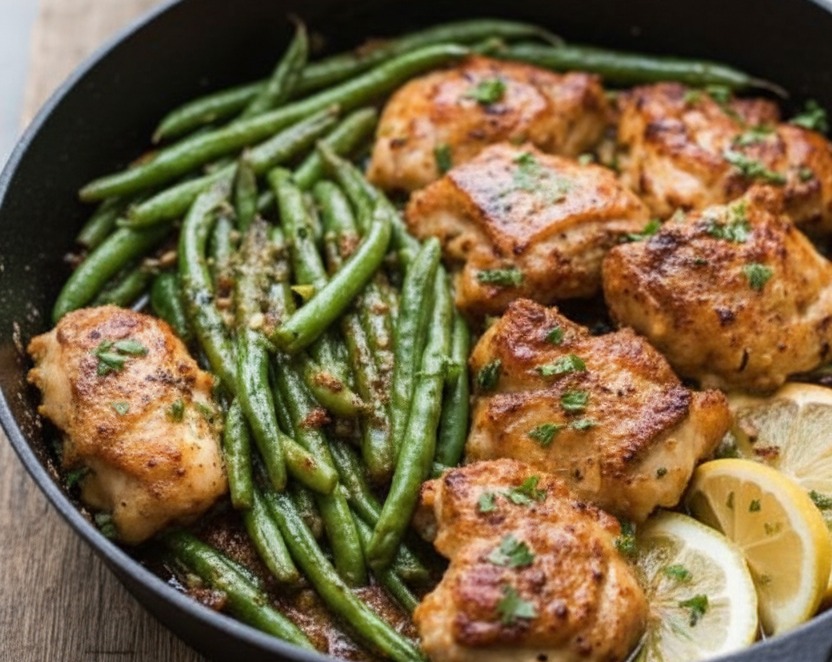 Lemon Garlic Butter Chicken Thighs and Green Beans Skillet Meal serving